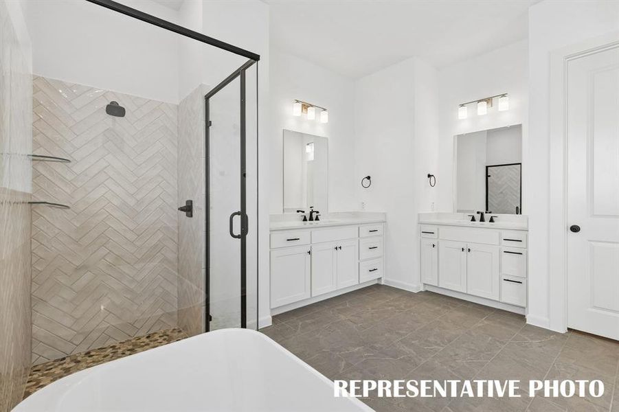 Featuring his and her vanities, this owner's bath was designed for two!  REPRESENTATIVE PHOTO