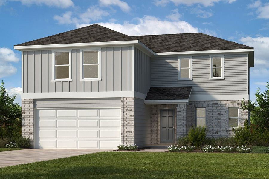 Representative exterior photo of a completed home built from the Plan 2500 by KB Home in Cottonwood Creek, Seagoville, TX (Image 5). Representative exterior photo of a completed home built from the Plan 2500 by KB Home in Cottonwood Creek, Seagoville, TX (Image 5).