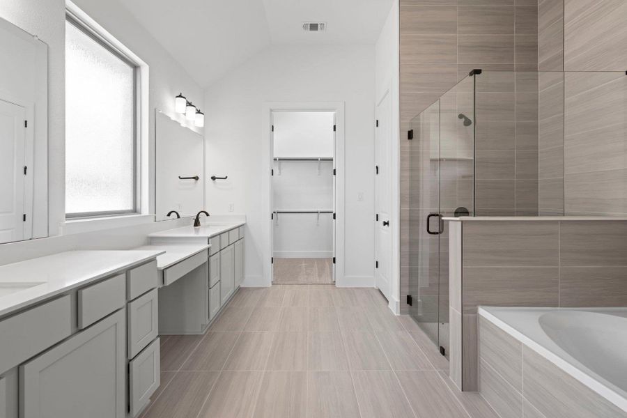 Primary Bath retreat with dual vanities, garden tub & walk-in shower