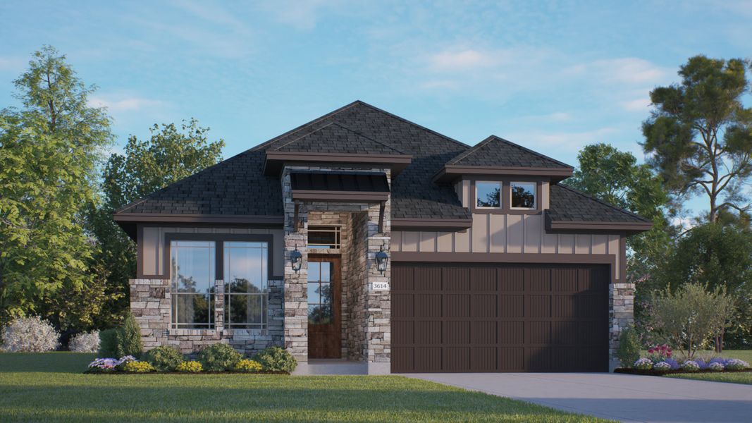 Front exterior of a new home in Brookewater, Rosenberg, TX, highlighting curb appeal (Image 21).