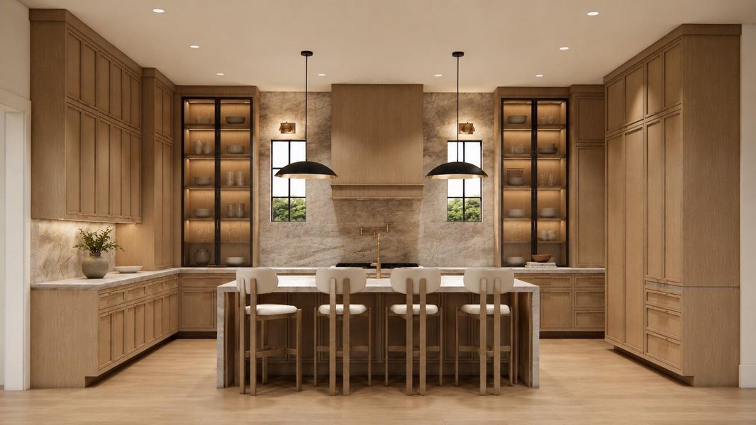 Rendering: Chef's kitchen with natural stone, custom cabinetry, and high end appliances.