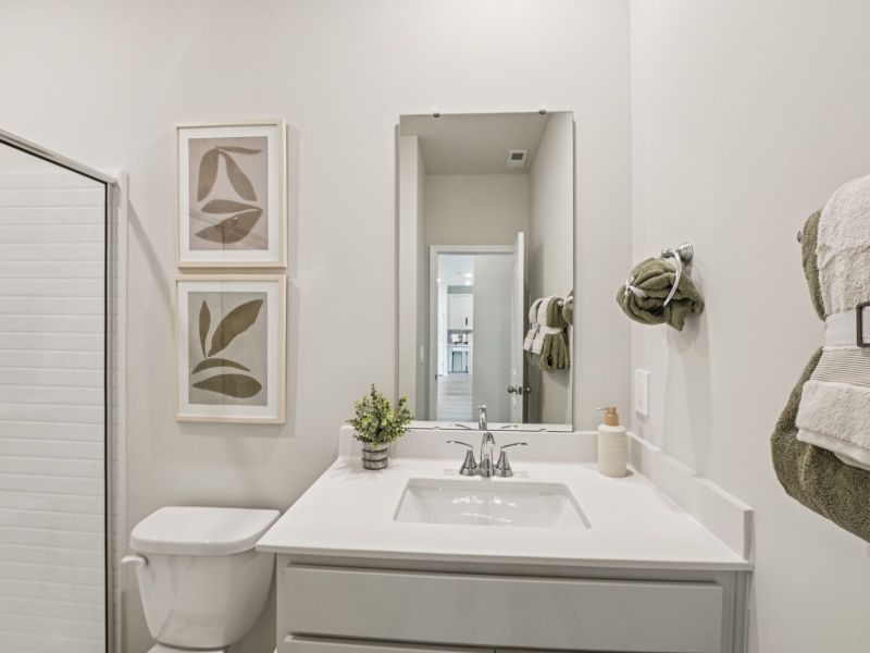 Secondary bathroom in the Chatham floorplan at a Meritage Homes community in Mebane, NC. Secondary bathroom in the Chatham floorplan at a Meritage Homes community in Mebane, NC.