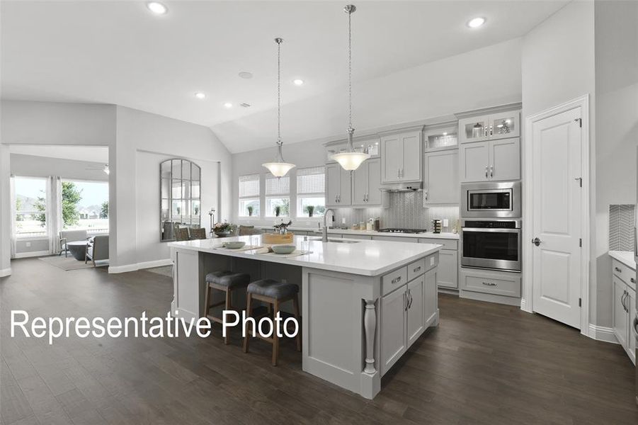 Open-concept kitchen featuring an expansive center island with seating, pendant lighting, stainless steel built-in appliances, light gray cabinetry, and dark wood-finish flooring Open-concept kitchen featuring an expansive center island with seating, pendant lighting, stainless steel built-in appliances, light gray cabinetry, and dark wood-finish flooring