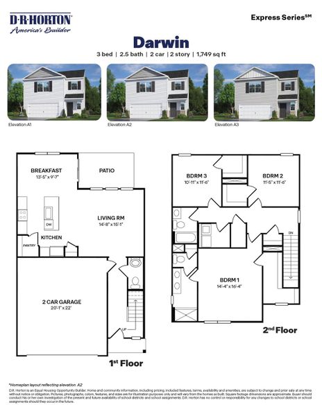 2D floor plan layout for the DARWIN by D.R. Horton in Belle Grove, Wendell, NC (Image 3).