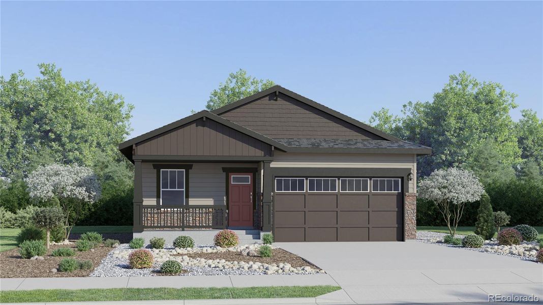 Front exterior of a new home in Kinston, Loveland, CO, highlighting curb appeal (Image 1). Front exterior of a new home in Kinston, Loveland, CO, highlighting curb appeal (Image 1).