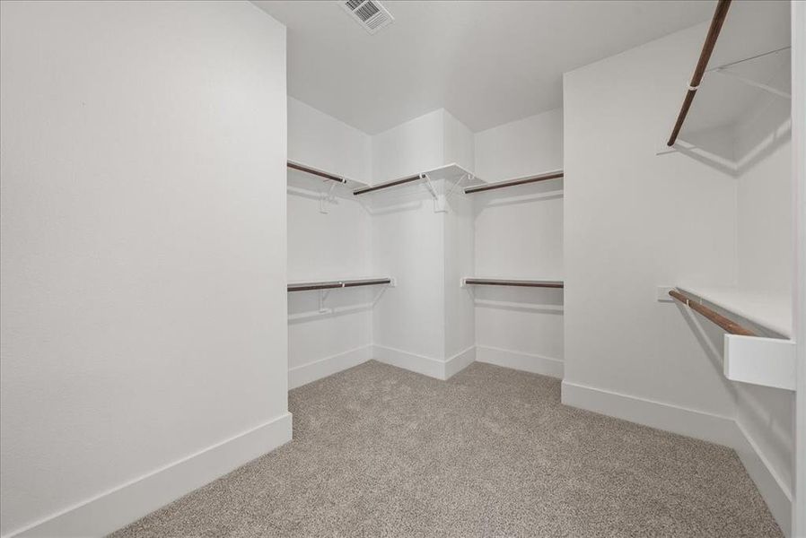 Walk-in closet featuring light colored carpet and ample storage space Walk-in closet featuring light colored carpet and ample storage space