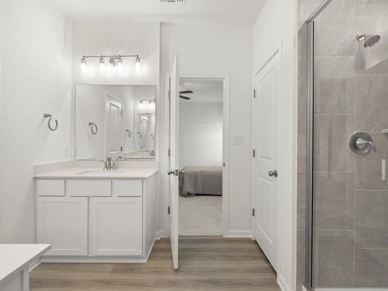 A well-appointed bathroom with a spacious vanity, walk-in shower, and ample natural light.