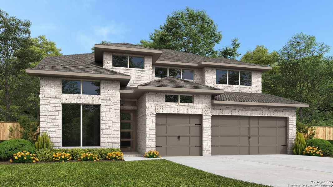 Front exterior of a new home in Meadows Of Mill Creek 60', Seguin, TX, highlighting curb appeal (Image 1). Front exterior of a new home in Meadows Of Mill Creek 60', Seguin, TX, highlighting curb appeal (Image 1).