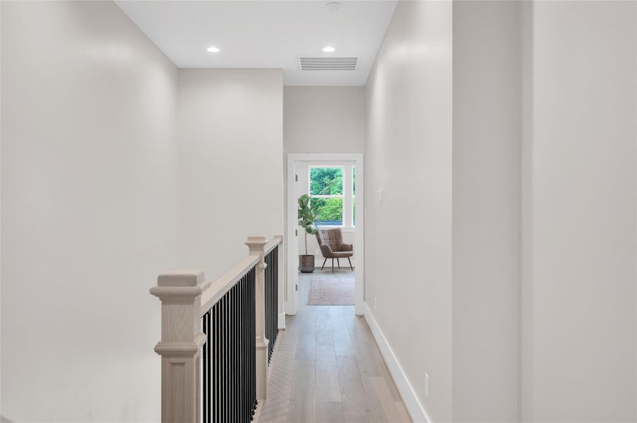 Engineered flooring extends to the second floor