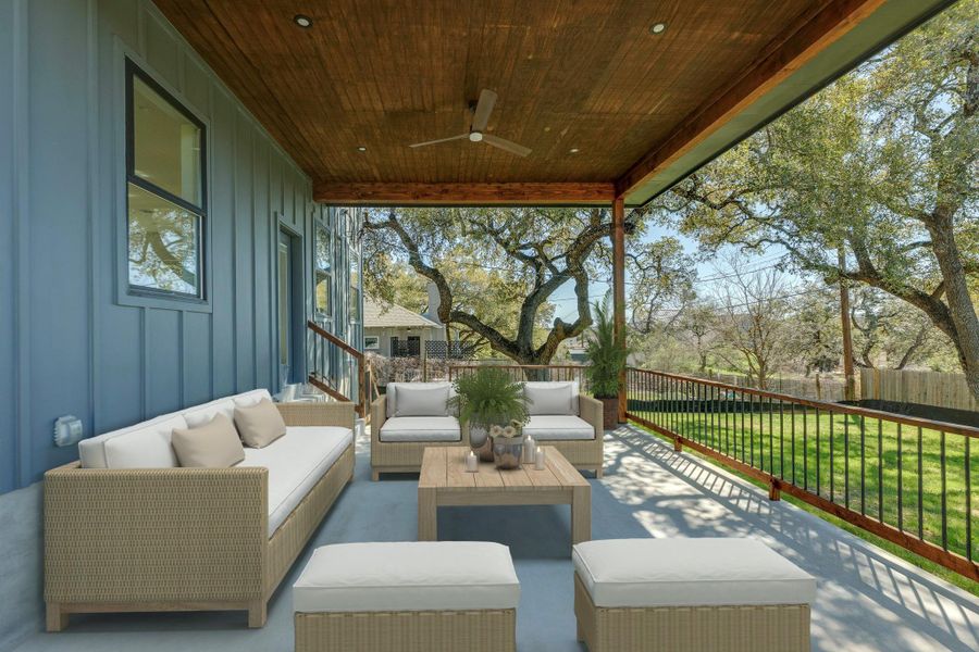 Backyard covered porch with virtually staged furniture. Furniture might not be to scale.
