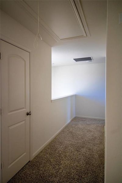Hall featuring carpet flooring and attic access