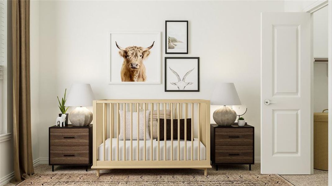 Carpeted bedroom featuring a crib