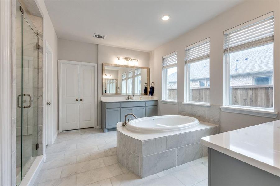 Bathroom featuring vanity and independent shower and bath