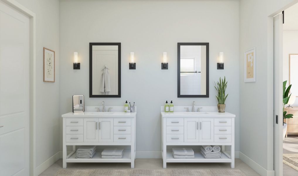 Primary bath with dual freestanding vanities Primary bath with dual freestanding vanities