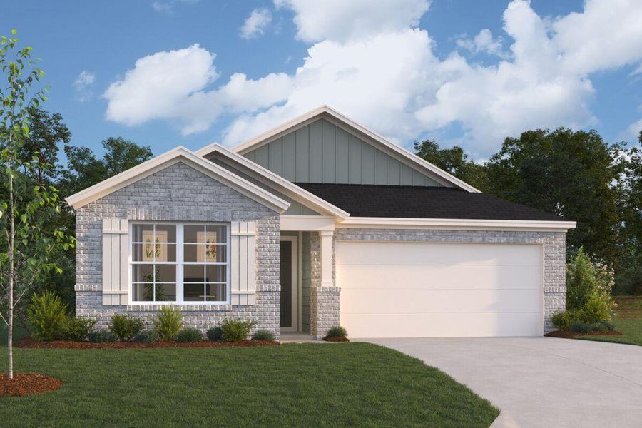Front exterior of a new home in Marble Creek Crossing, Austin, TX, highlighting curb appeal (Image 1). Front exterior of a new home in Marble Creek Crossing, Austin, TX, highlighting curb appeal (Image 1).