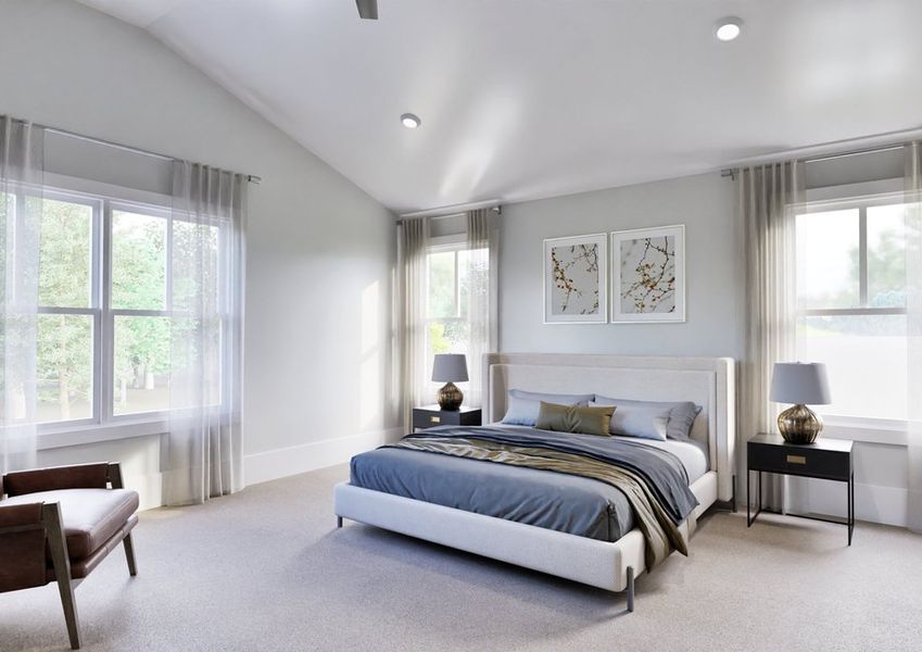 A spacious bedroom featuring a vaulted ceiling, large windows, and a large bed, creating an elegant and inviting atmosphere.