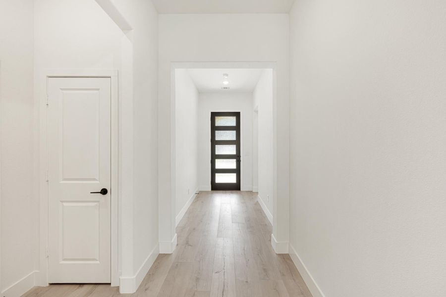Hallway with white walls, light wood floors, and dark glass-panel front door at the end