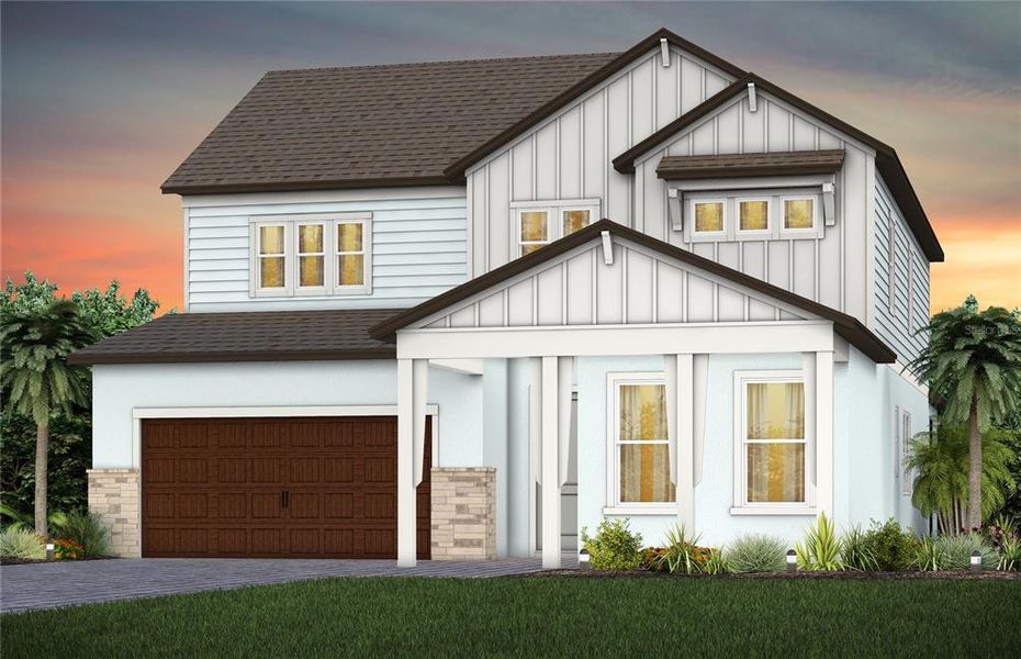 Front exterior of a new home in Vida's Way, Wesley Chapel, FL, highlighting curb appeal (Image 20).