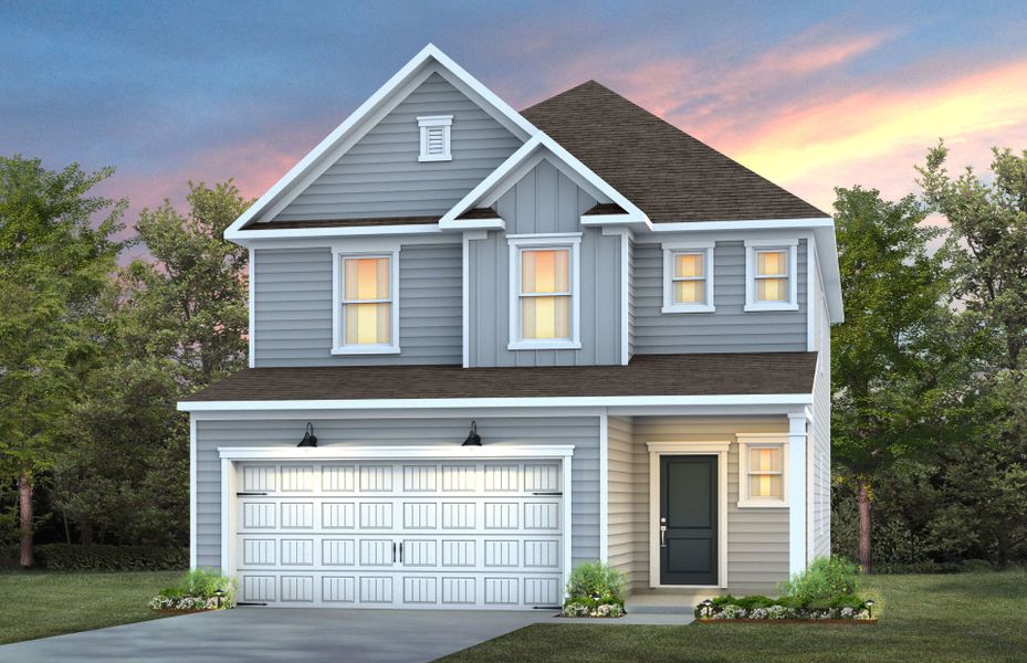 Front exterior of a new home in Huxley, Apex, NC, highlighting curb appeal (Image 1). Front exterior of a new home in Huxley, Apex, NC, highlighting curb appeal (Image 1).