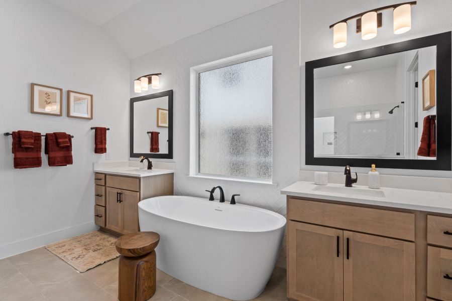 Primary Bath retreat with dual vanities & garden tub