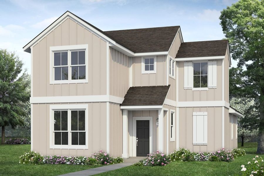 Representative exterior photo of a completed home built from the 1830 Casetta by Brohn Homes in Casetta Ranch, Kyle, TX (Image 3).