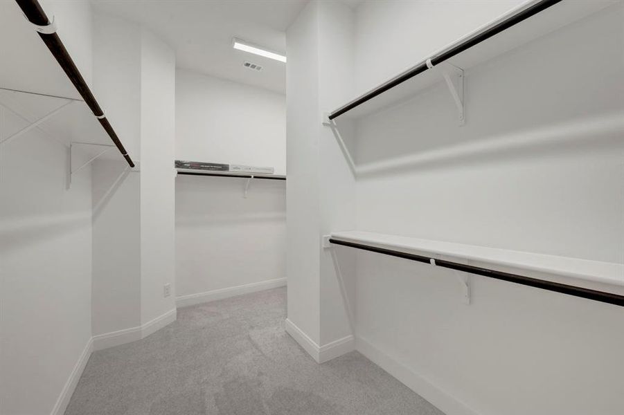 Walk in closet featuring light carpet