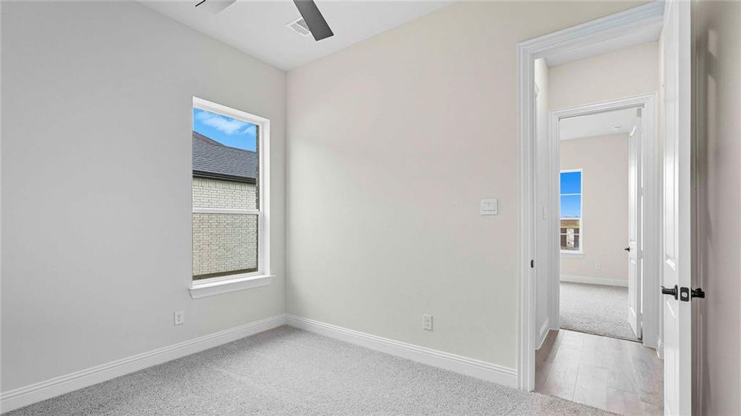Room featuring light gray wall paint, gray carpeting, and a single window with white trim
