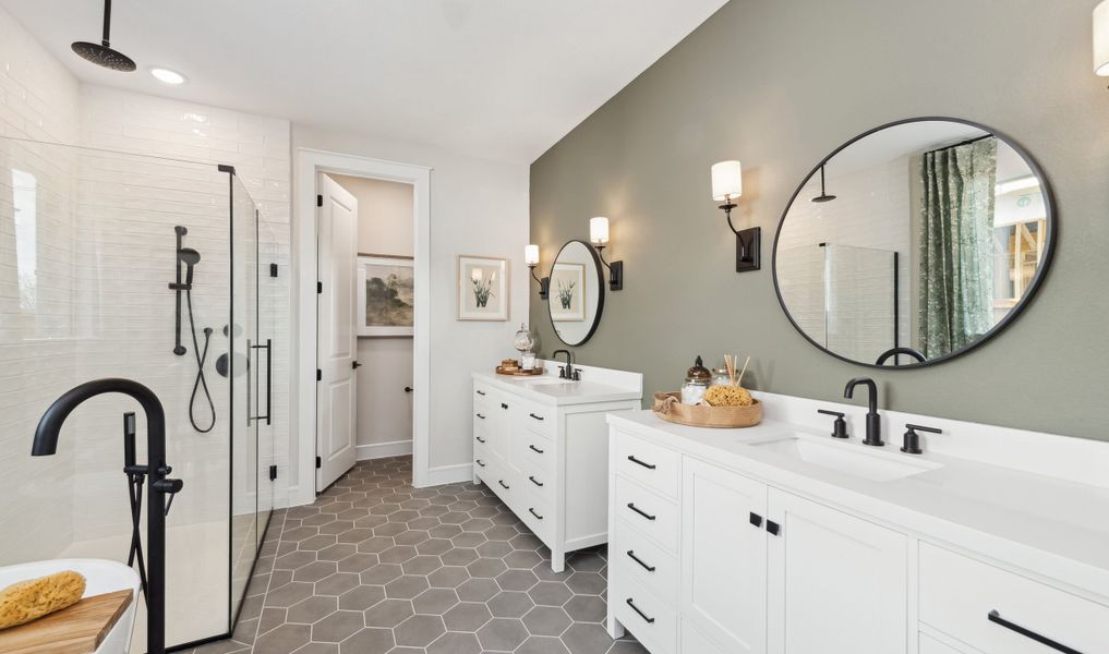 Primary bath with matte black fixtures and hardware Primary bath with matte black fixtures and hardware