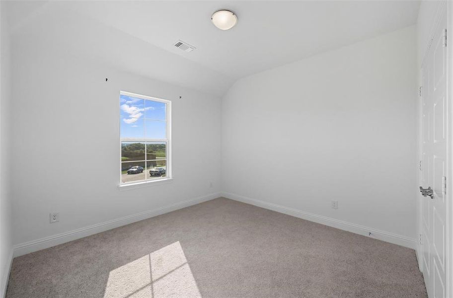 Empty room featuring light carpet and vaulted ceiling