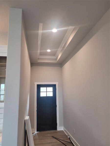 Entryway featuring a tray ceiling, wood finished floors, and recessed lighting