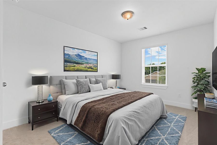 A bright upstairs bedroom offers plush carpeting, a large window, and ample space—perfect for children, guests, or a cozy reading room. *Virtually Staged* **Image Representative of Plan Only and May Vary as Built**. A bright upstairs bedroom offers plush carpeting, a large window, and ample space—perfect for children, guests, or a cozy reading room. *Virtually Staged* **Image Representative of Plan Only and May Vary as Built**.