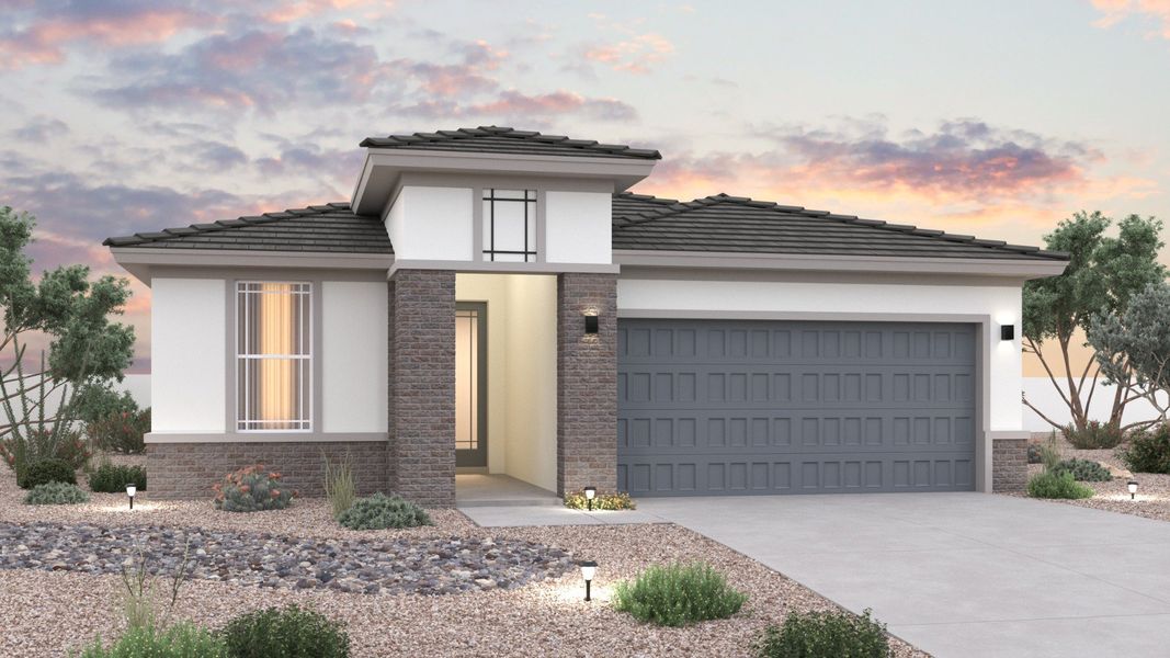 Representative exterior photo of a completed home built from the Acacia II by Brightland Homes in Teravalis, Buckeye, AZ (Image 1). Representative exterior photo of a completed home built from the Acacia II by Brightland Homes in Teravalis, Buckeye, AZ (Image 1).