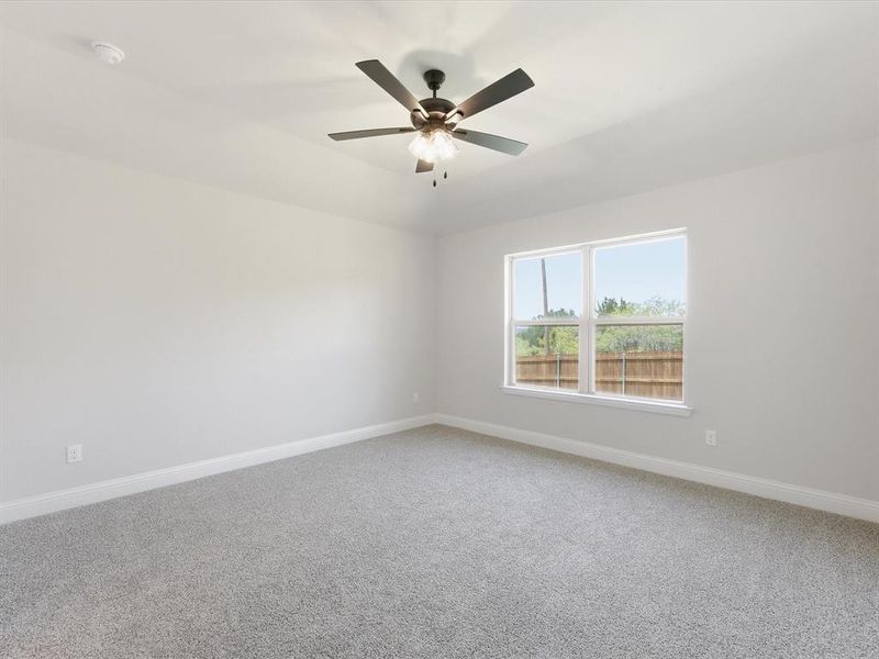 Spacious Primary Suite featuring light gray carpet, white baseboards, and a contemporary ceiling fan with integrated lighting Spacious Primary Suite featuring light gray carpet, white baseboards, and a contemporary ceiling fan with integrated lighting