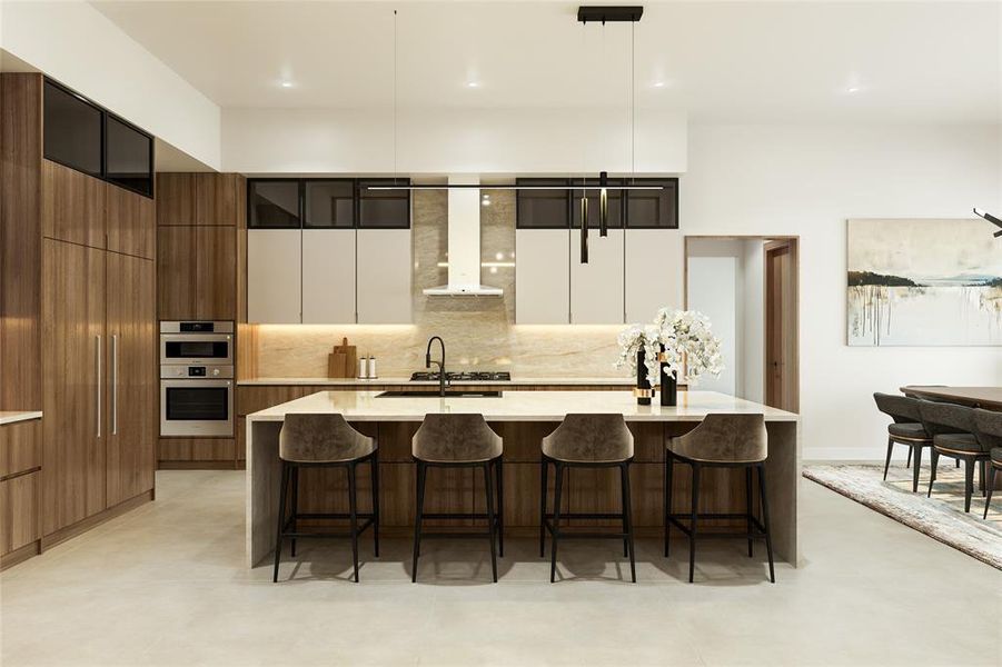 Gourmet kitchen featuring a large central island with seating, integrated stainless steel appliances, wood-finish cabinetry, light-toned upper cabinets, and a complementary stone backsplash