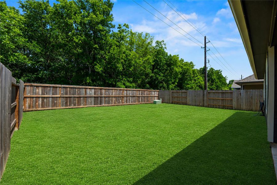 Spacious backyard with a well-maintained lawn, enclosed by a wooden fence, offering privacy with lush trees in the background. Perfect for outdoor activities.