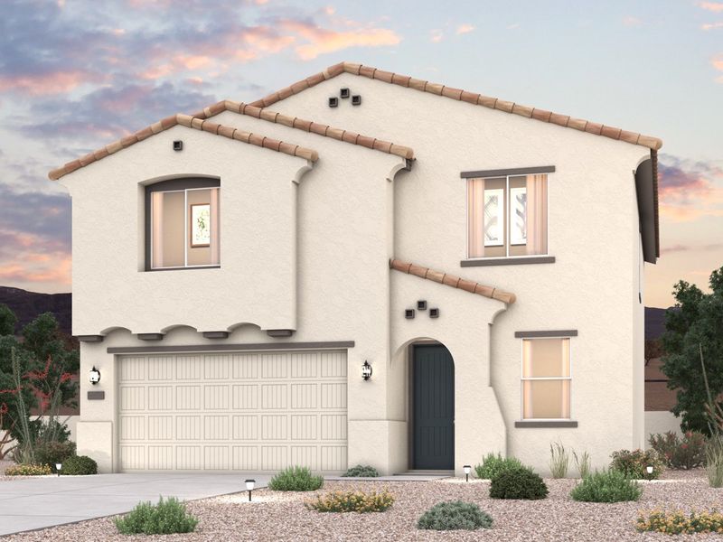 Twilight rendering of front of new home for sale in San Tan, AZ with 2 car garage in the beautiful Skyline Village community with pool.