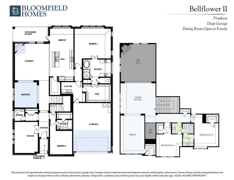 Bloomfield Homes Bellflower II two-story floor plan with four bedrooms, game room, media room, and deep garage.