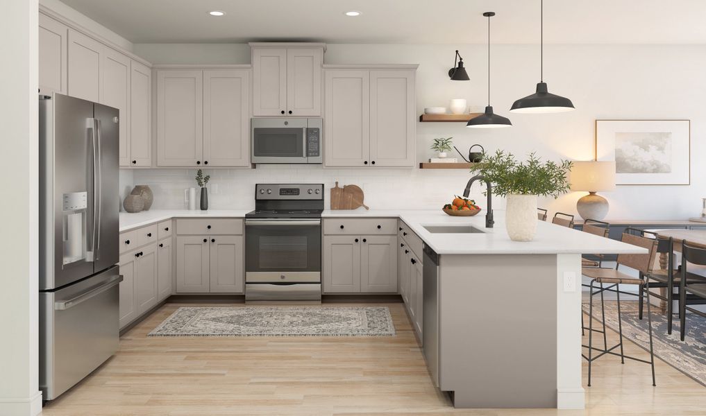 Kitchen with pendant lights & floating shelves