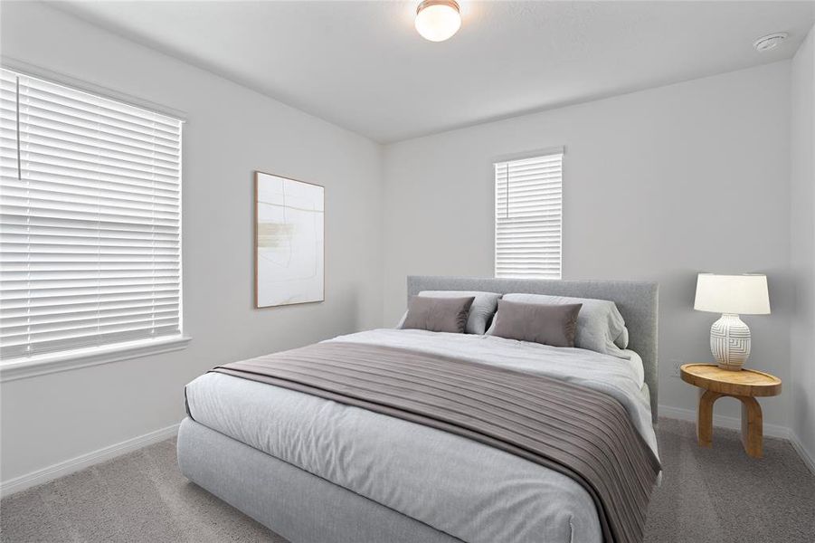 Secondary bedroom features plush carpet, custom paint and a large window.