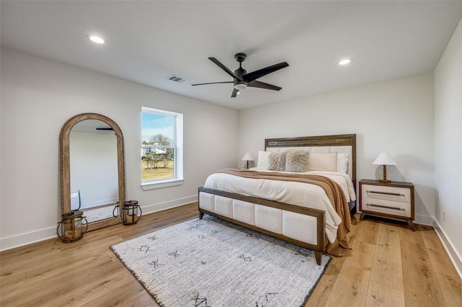 The primary bedroom is located on the first floor.