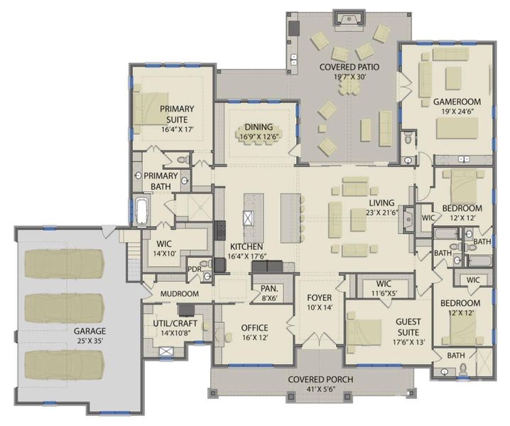 This thoughtfully designed single-story layout offers four spacious bedrooms, including a luxurious primary suite with a large walk-in closet and spa-like bath, plus a private guest suite ideal for visitors. The open-concept kitchen, living, and dining areas flow seamlessly into a generous covered patio and separate game room, creating perfect spaces for entertaining. Additional highlights include a dedicated office, utility/craft room, walk-in pantry, mudroom, powder room, and a 3-car garage with direct access to the home. This thoughtfully designed single-story layout offers four spacious bedrooms, including a luxurious primary suite with a large walk-in closet and spa-like bath, plus a private guest suite ideal for visitors. The open-concept kitchen, living, and dining areas flow seamlessly into a generous covered patio and separate game room, creating perfect spaces for entertaining. Additional highlights include a dedicated office, utility/craft room, walk-in pantry, mudroom, powder room, and a 3-car garage with direct access to the home.