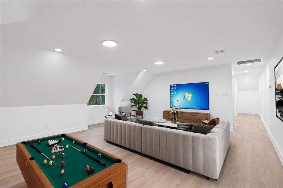 The game room on the second floor is a versatile bonus area, ideal for a media room, playroom, or hobby space.