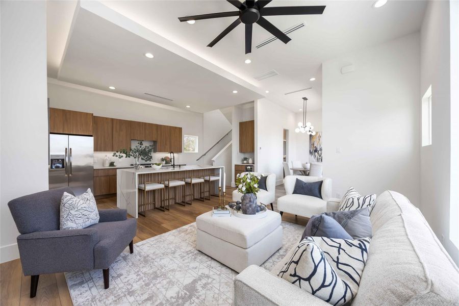 Comfortable living room that seamlessly extends from the kitchen.