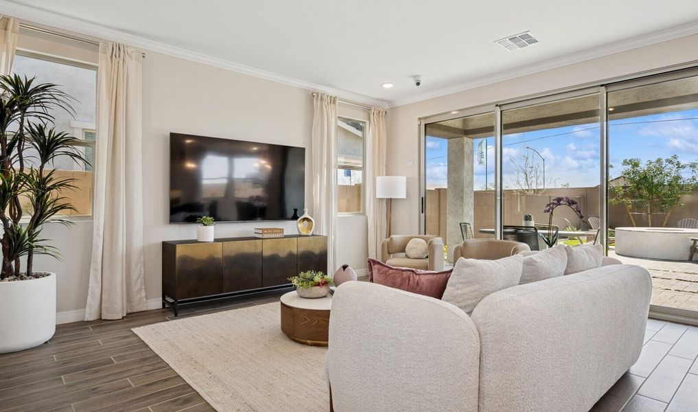 Great room with luxurious tile flooring and sliding glass door