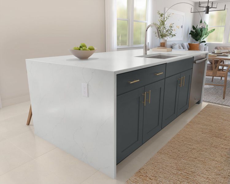 Kitchen with waterfall island and stainless steel undermount sink Kitchen with waterfall island and stainless steel undermount sink