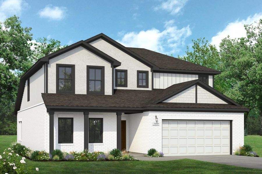 Rendering of two story home with white stucco, siding, garage, and brick, black accents, driveway, and landscaping