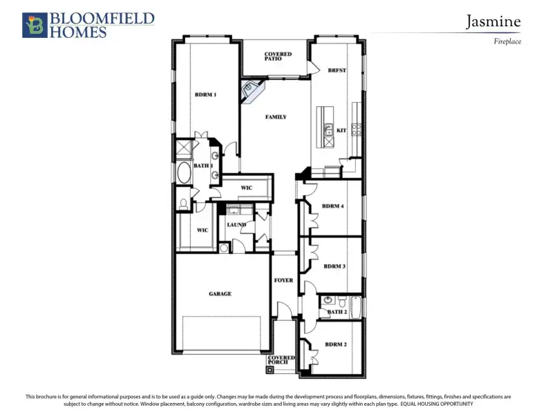 Bloomfield Homes Jasmine floor plan with four bedrooms, family room, kitchen, two bathrooms, and two-car garage.