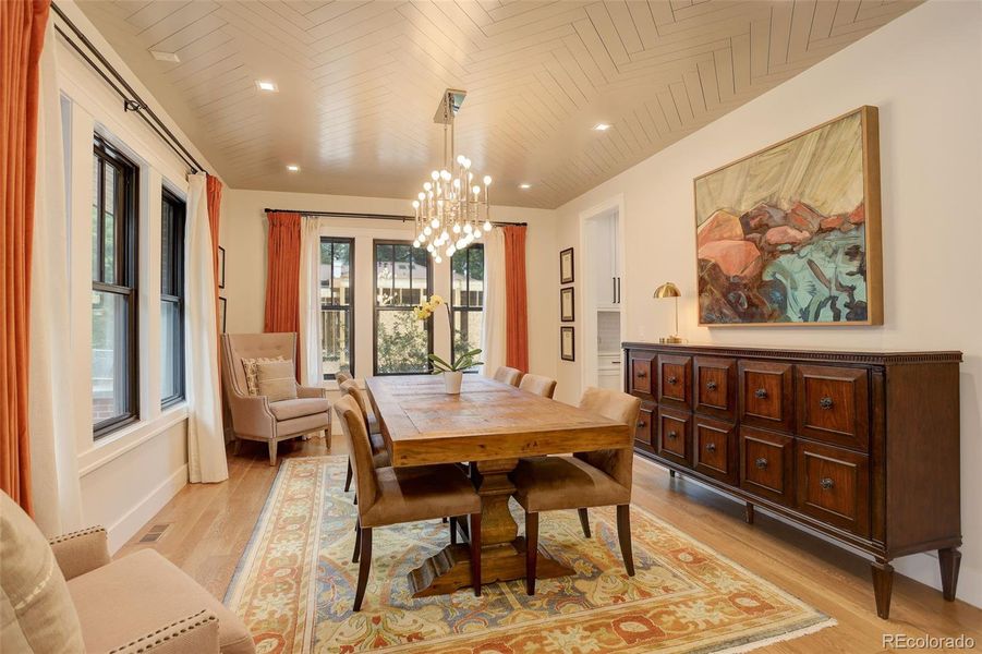 Formal Dining with Stunning Herringbone Ceiling Detail connecting to a Butler's Pantry