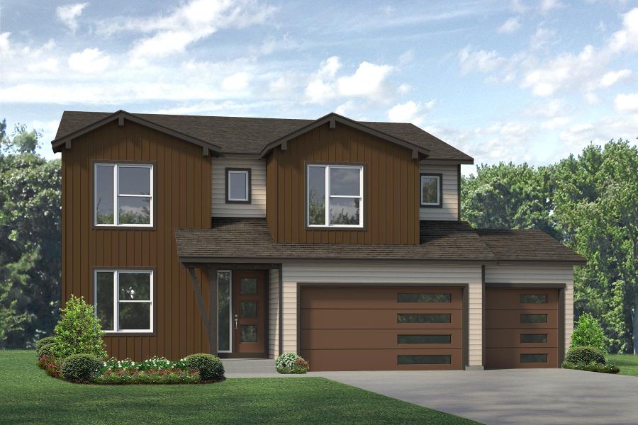 Representative exterior photo of a completed home built from the Silverton by Risewell Homes in Highlands Preserve, Mead, CO (Image 22). Representative exterior photo of a completed home built from the Silverton by Risewell Homes in Highlands Preserve, Mead, CO (Image 22).