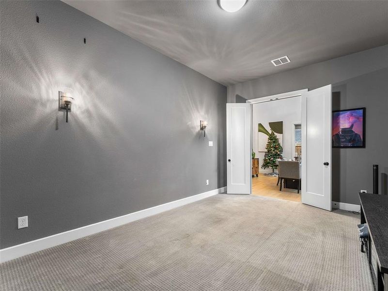 True media room with double doors